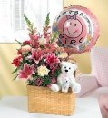 New Baby Girl Flower Gift Basket and Balloons