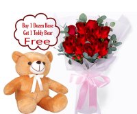 12 Red Rose Bouquet w/ Free Teddy Bear