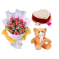 12 Pink Roses w/ Velvet Cake & Teddy Bear