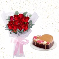 12 Red Roses Bouquet w/ Goldilocks Valentine Cake
