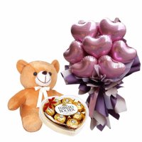 Balloon Bouquet w/ Ferrero Heart & Teddy Bear